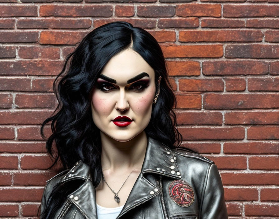 Bold Eyebrow Makeup & Dark Lipstick Woman in Studded Leather Jacket