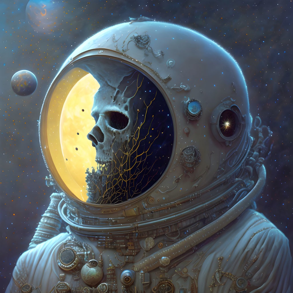 Skull-faced astronaut gazes at golden planet in surreal space scene