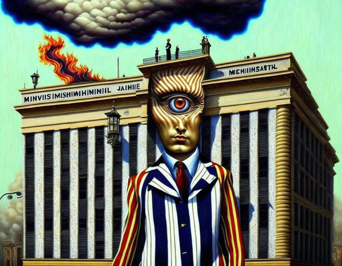 Surreal artwork: Figure in striped suit, head as building, eye in center, with flames