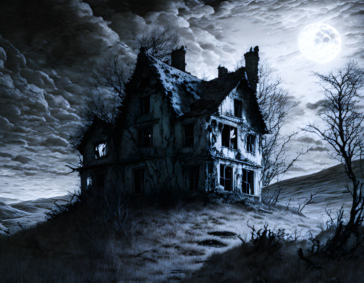 Spooky abandoned house under full moon and swirling clouds