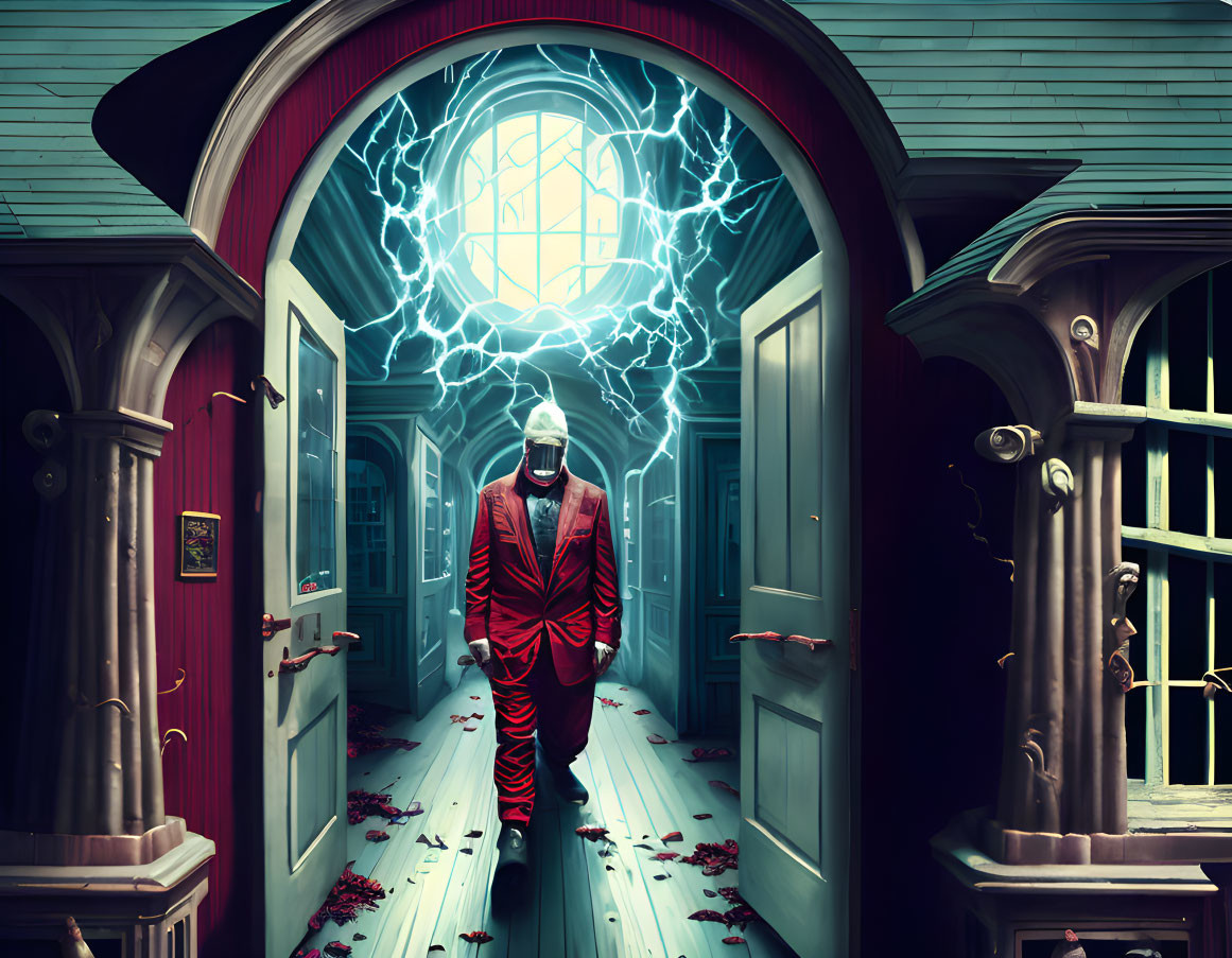 Red-suited figure with glowing head in lightning-filled hallway with rose petals.