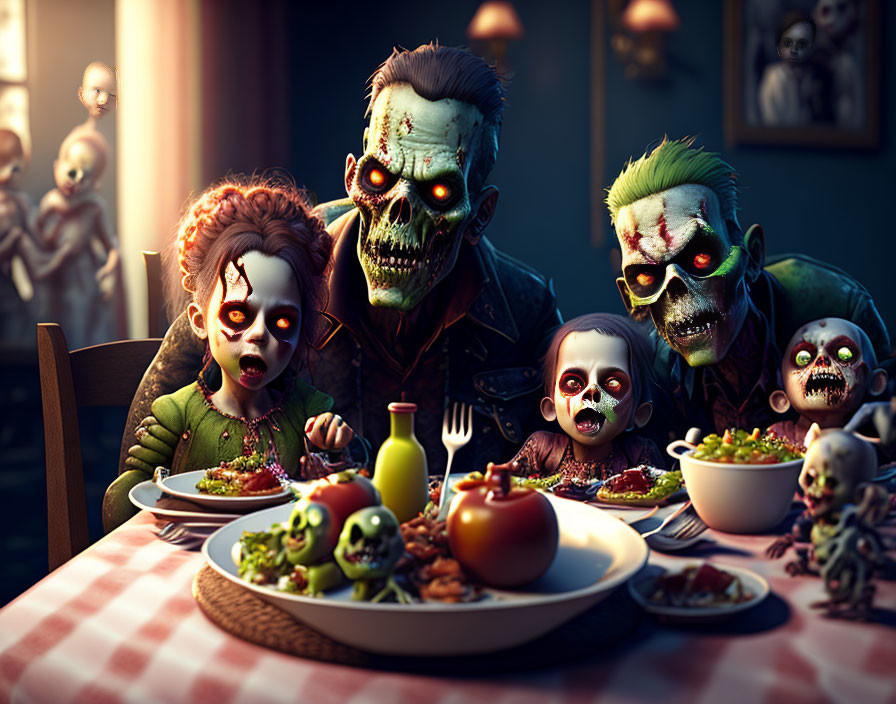 Animated zombies dining on brains and eyeballs in eerie setting