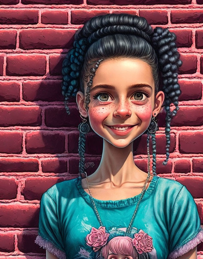 Smiling young girl with braided hair against red brick wall