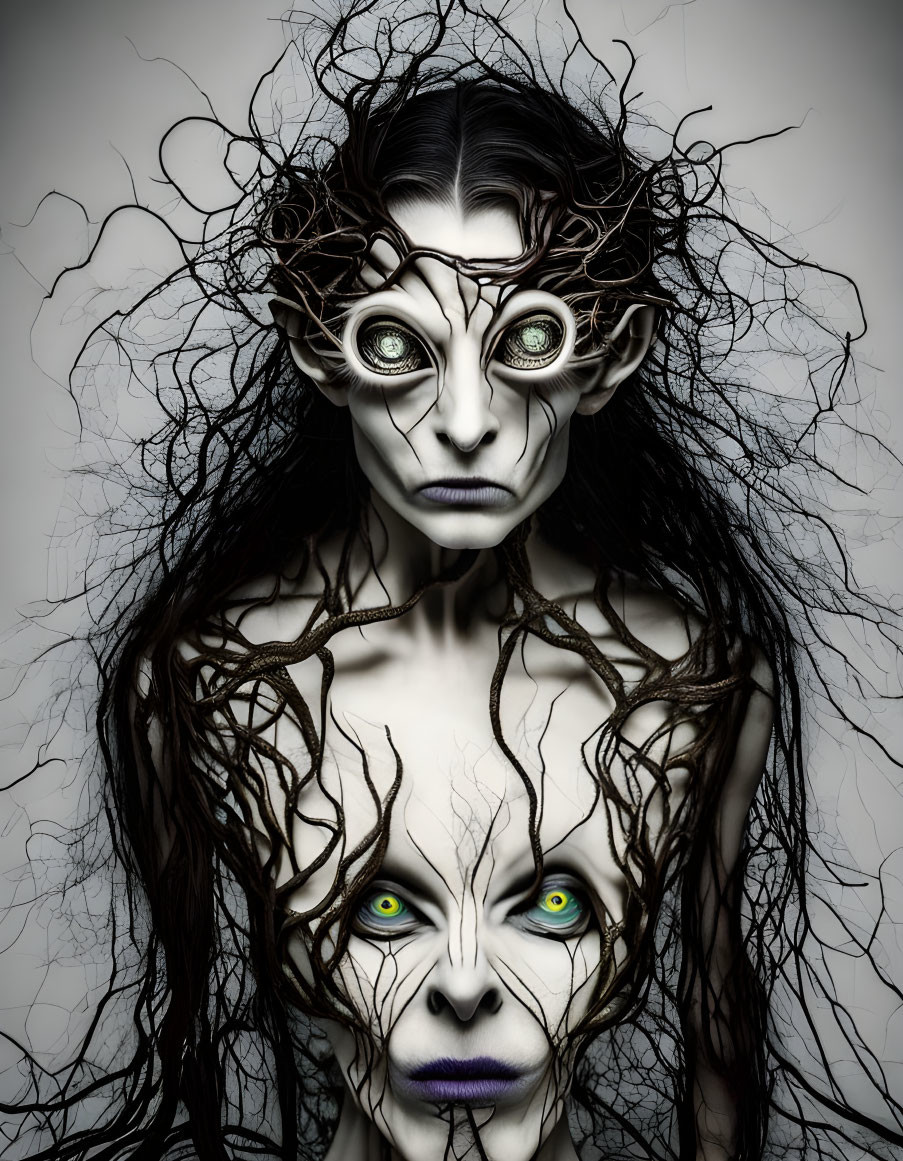 Eerie figures with pale skin and intense green eyes