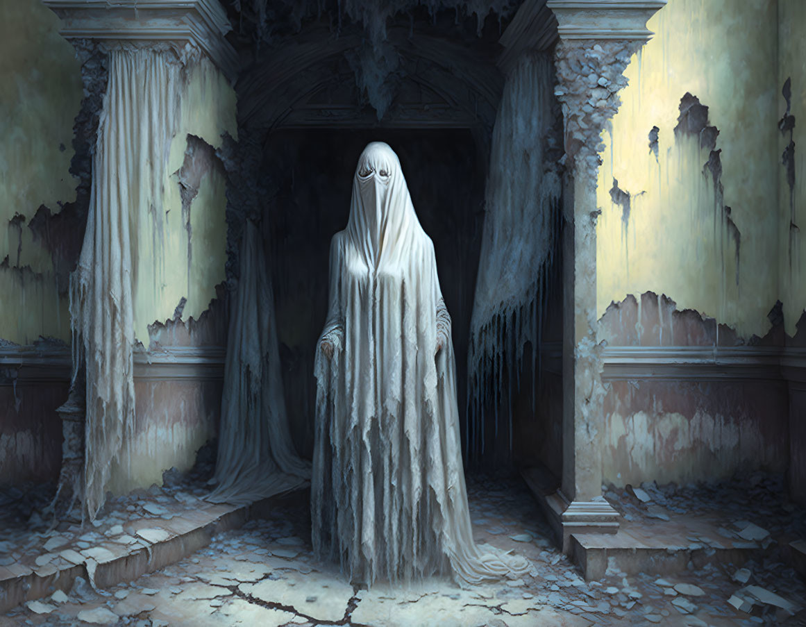 Eerie spectral figure in tattered cloak in dilapidated room