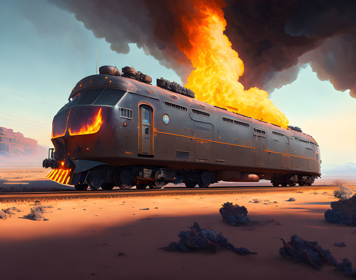 Vintage Train Engulfed in Flames in Desert Sunset