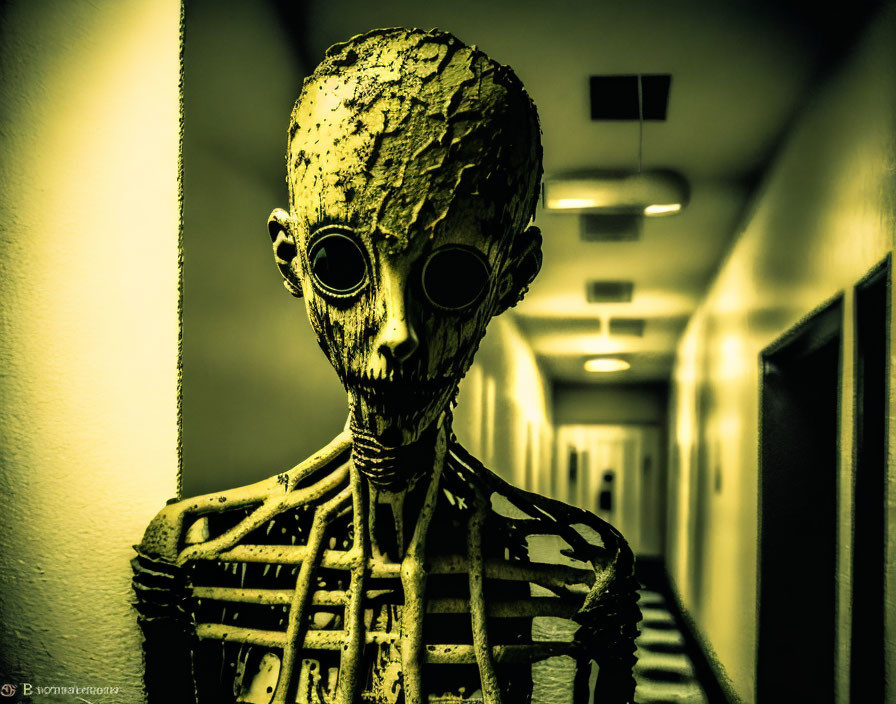 Spooky humanoid skeletal figure in dimly lit corridor