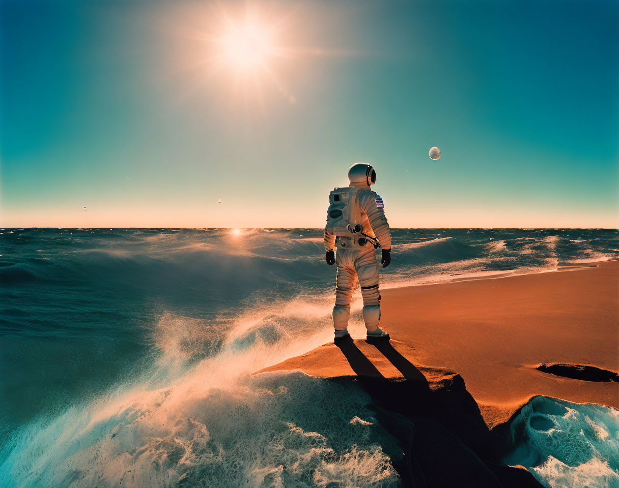 Astronaut on rocky shore gazes at distant planet with crashing waves & bright sun