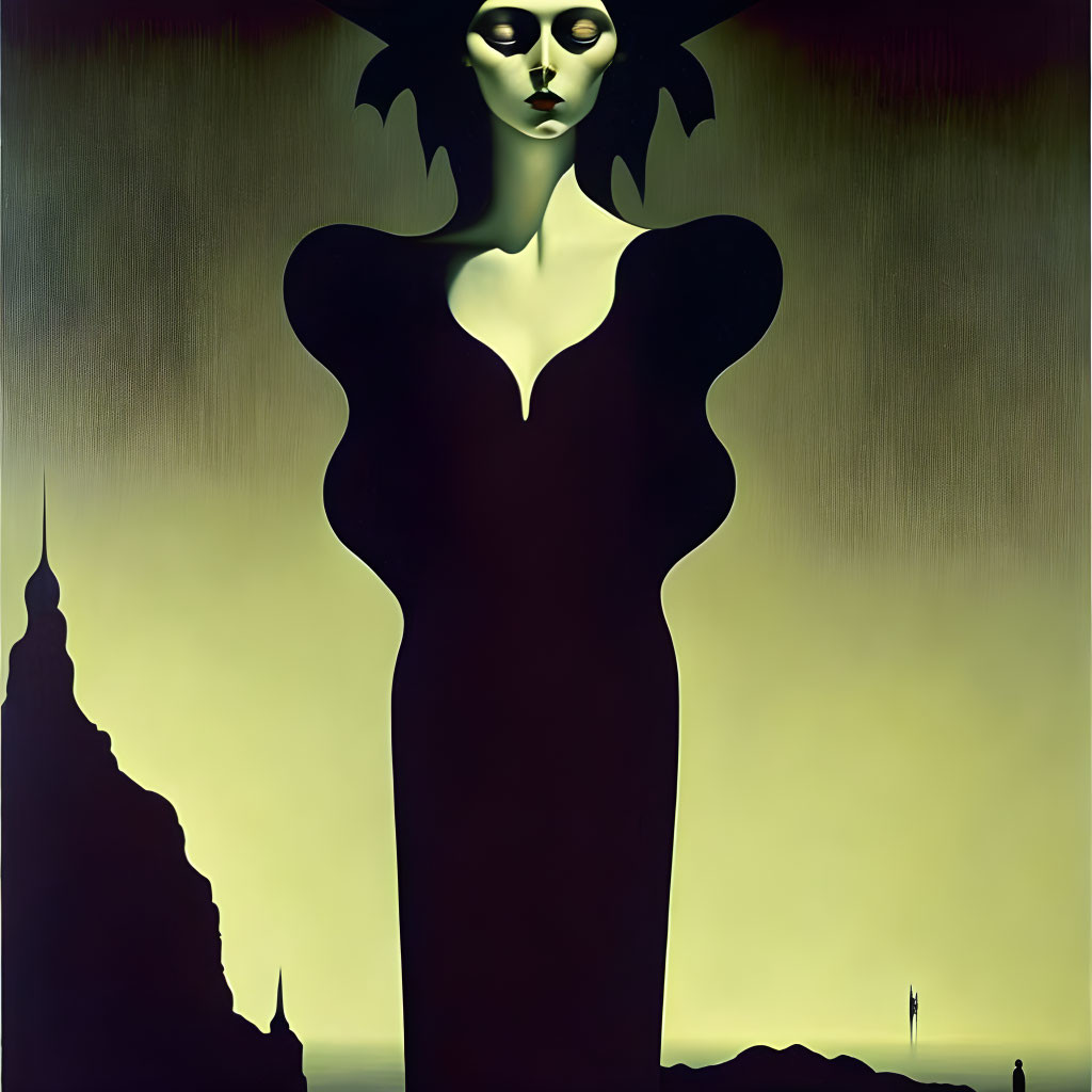 Surrealist artwork: Woman silhouette in exaggerated landscape.