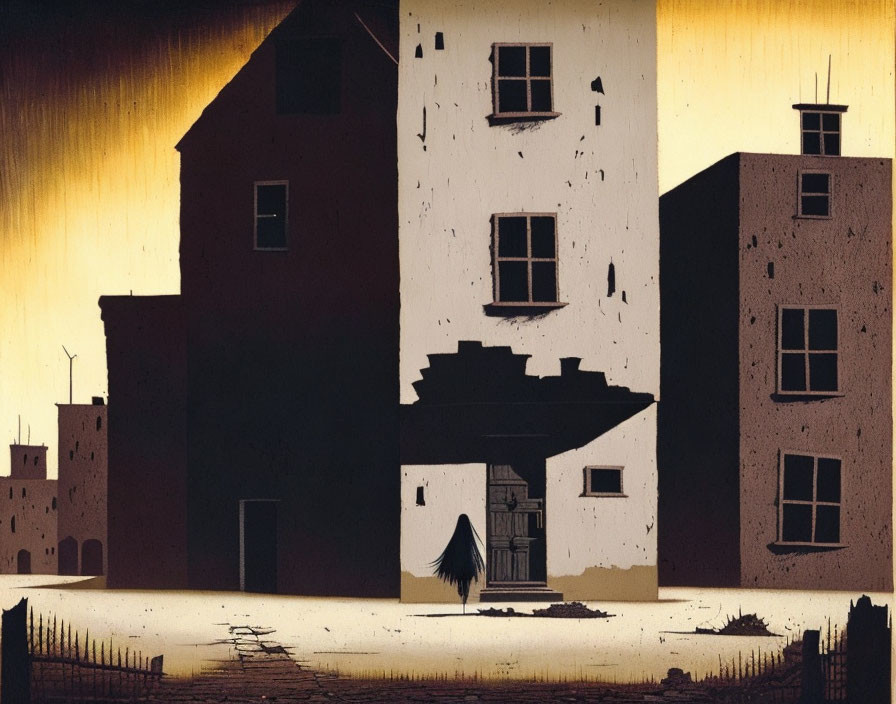 Dark, mysterious figure in front of dilapidated buildings under yellow sky