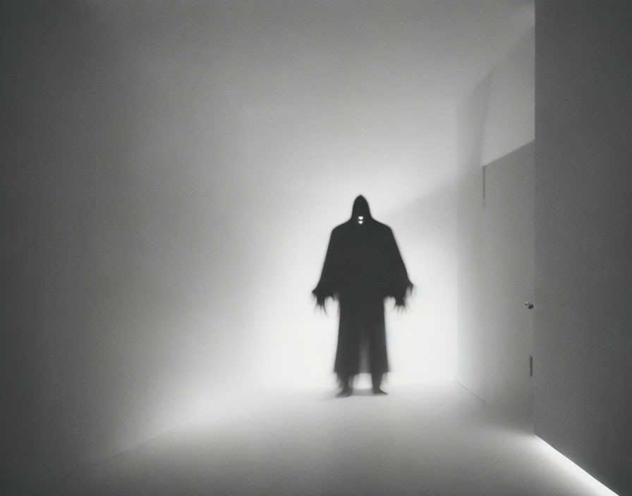 Shadowy Figure in Stark White Hallway with Diffused Light