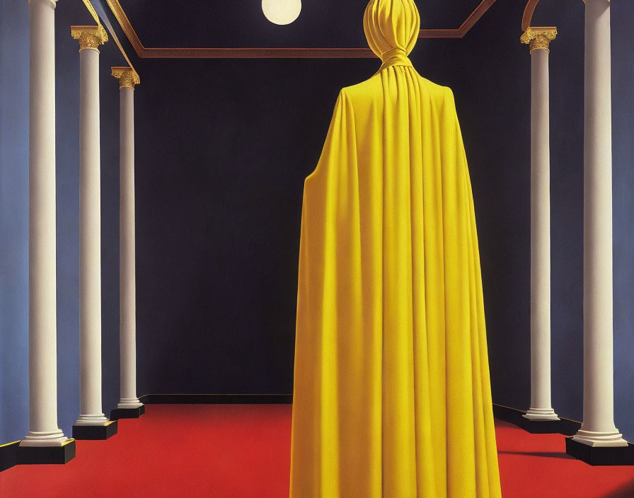 Vibrant yellow cloak figure between white pillars on red carpet