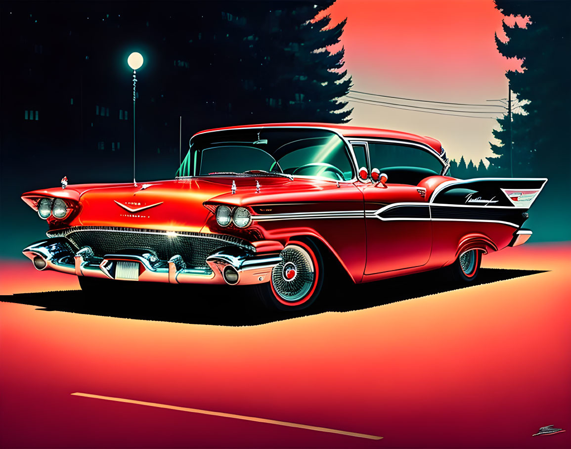 Vintage Red and White Car Parked at Night with Street Lamps and Trees
