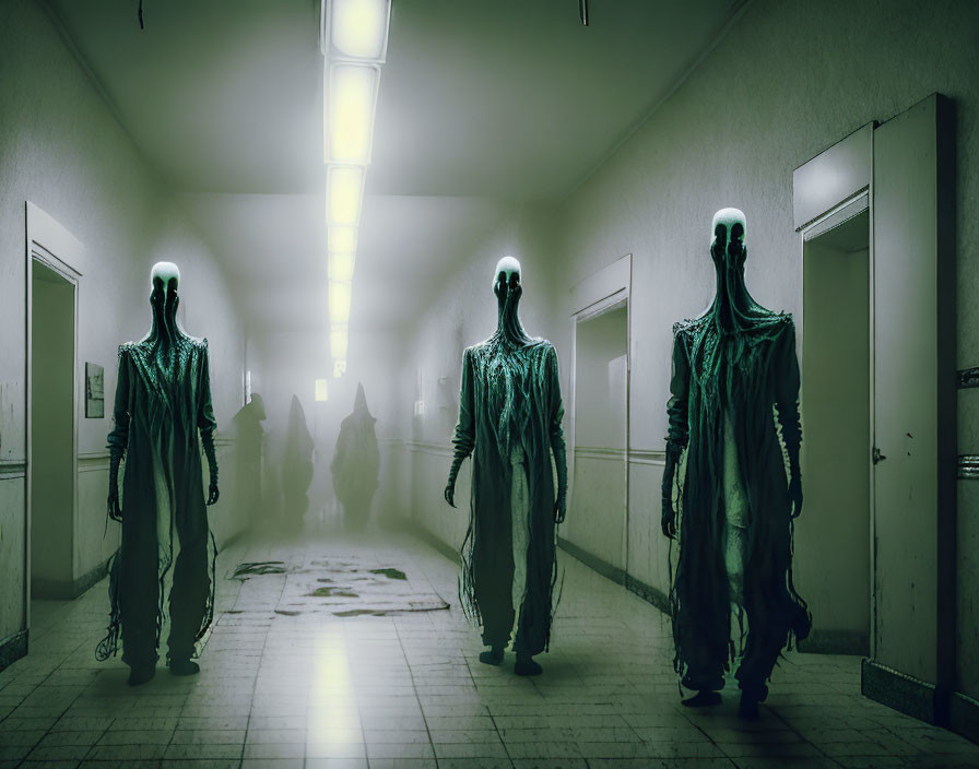 Eerie corridor with cloaked figures in dim light