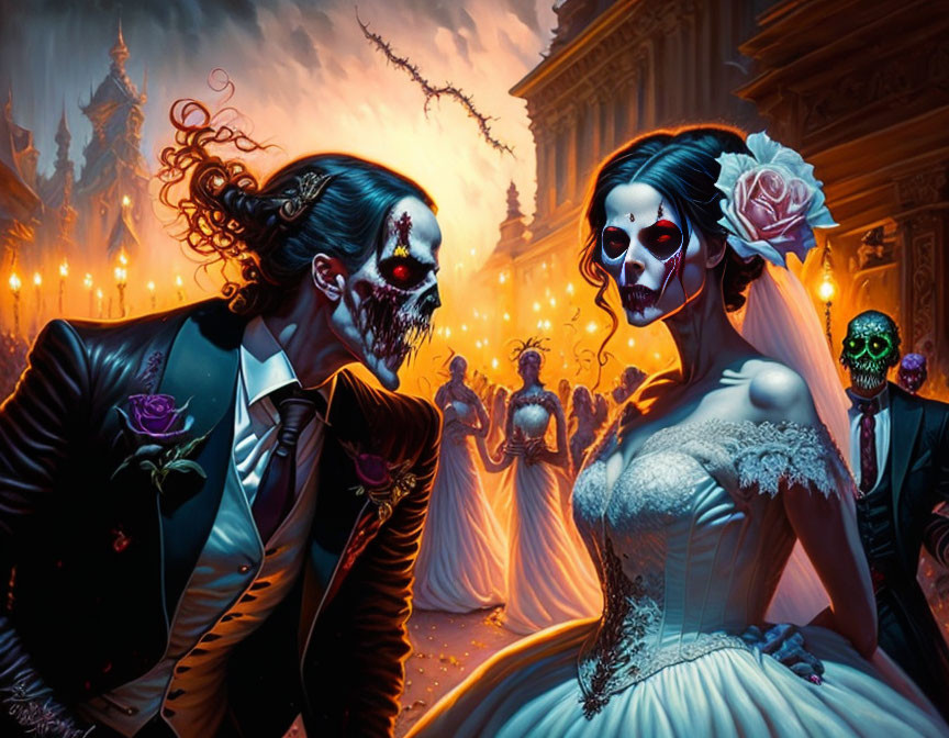 Gothic skeleton-faced couple in wedding attire with orange-illuminated celebration