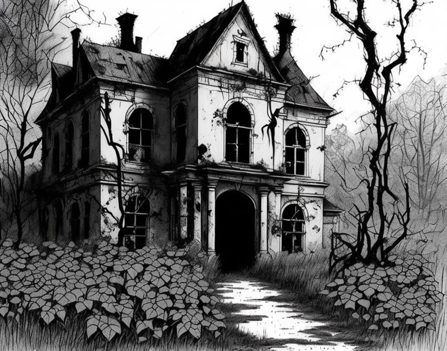 Monochrome sketch of rundown two-story mansion and barren surroundings