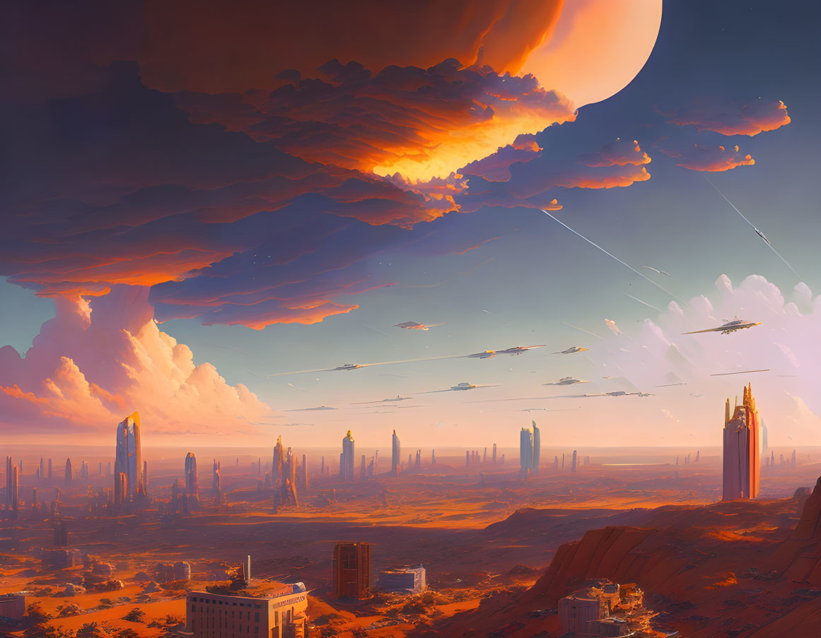 Futuristic cityscape with tall structures and flying vehicles under warm sky