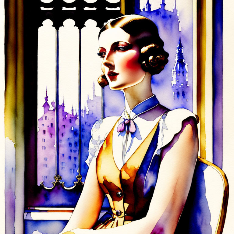 Illustration: Woman in 1930s fashion by window with spires under purple sky