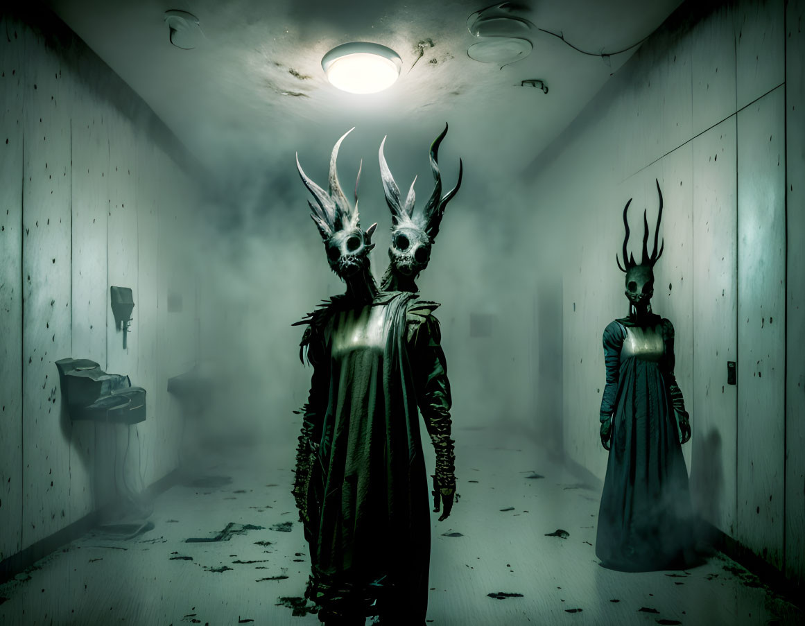 Eerie masked individuals in elaborate costumes in dimly lit corridor