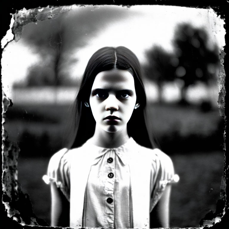 Monochrome portrait of serious young girl outdoors with aged border effect