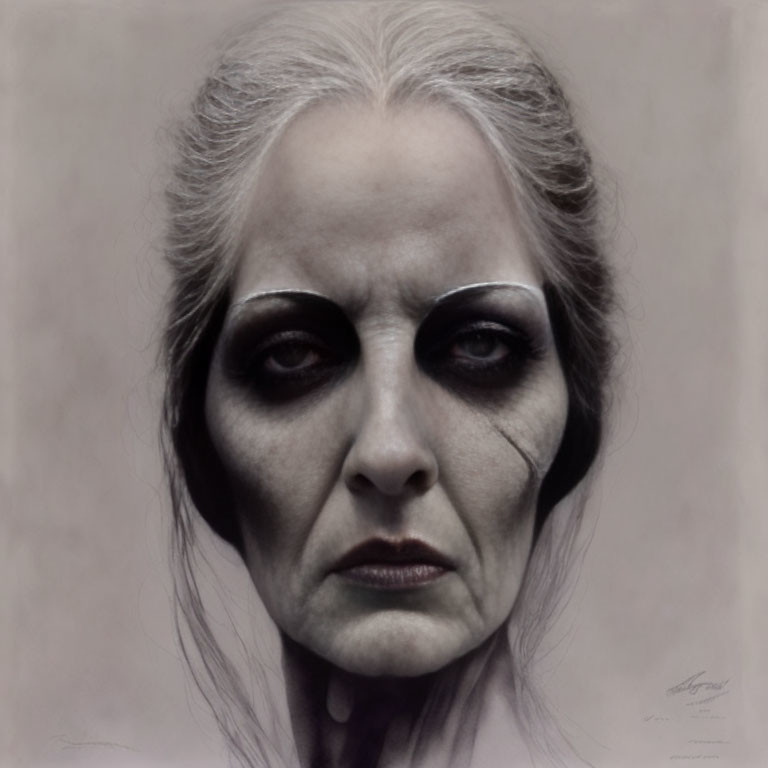 Monochrome portrait with intense eye makeup and white hair