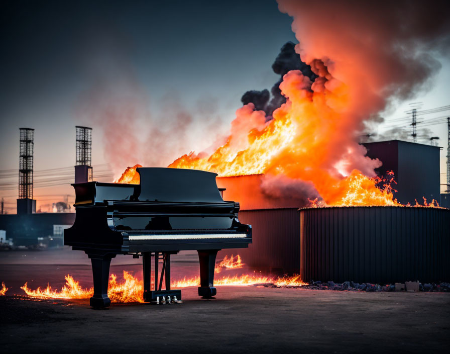 Grand Piano Amid Intense Flames in Industrial Setting