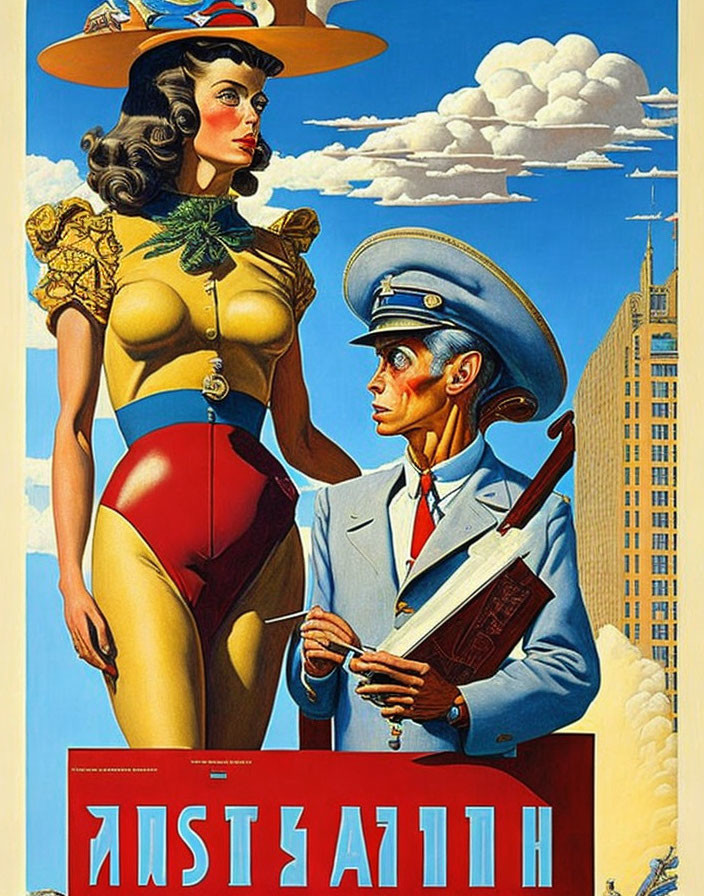 Colorful Vintage-Style Poster with Woman and Soldier in City Scene