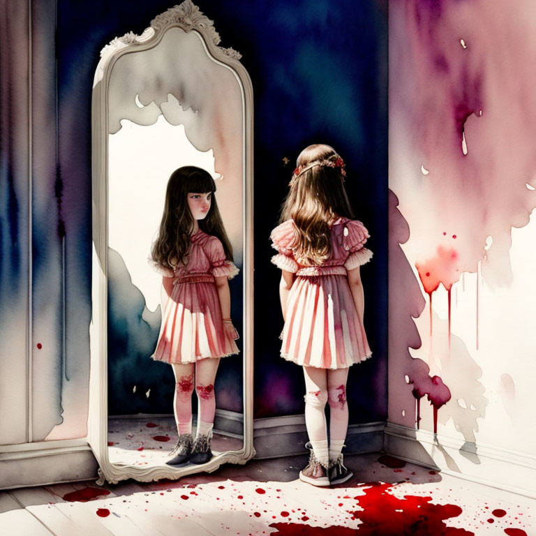 Young girl in pink dress and striped socks gazes at mirror in dimly lit room with altered reflection