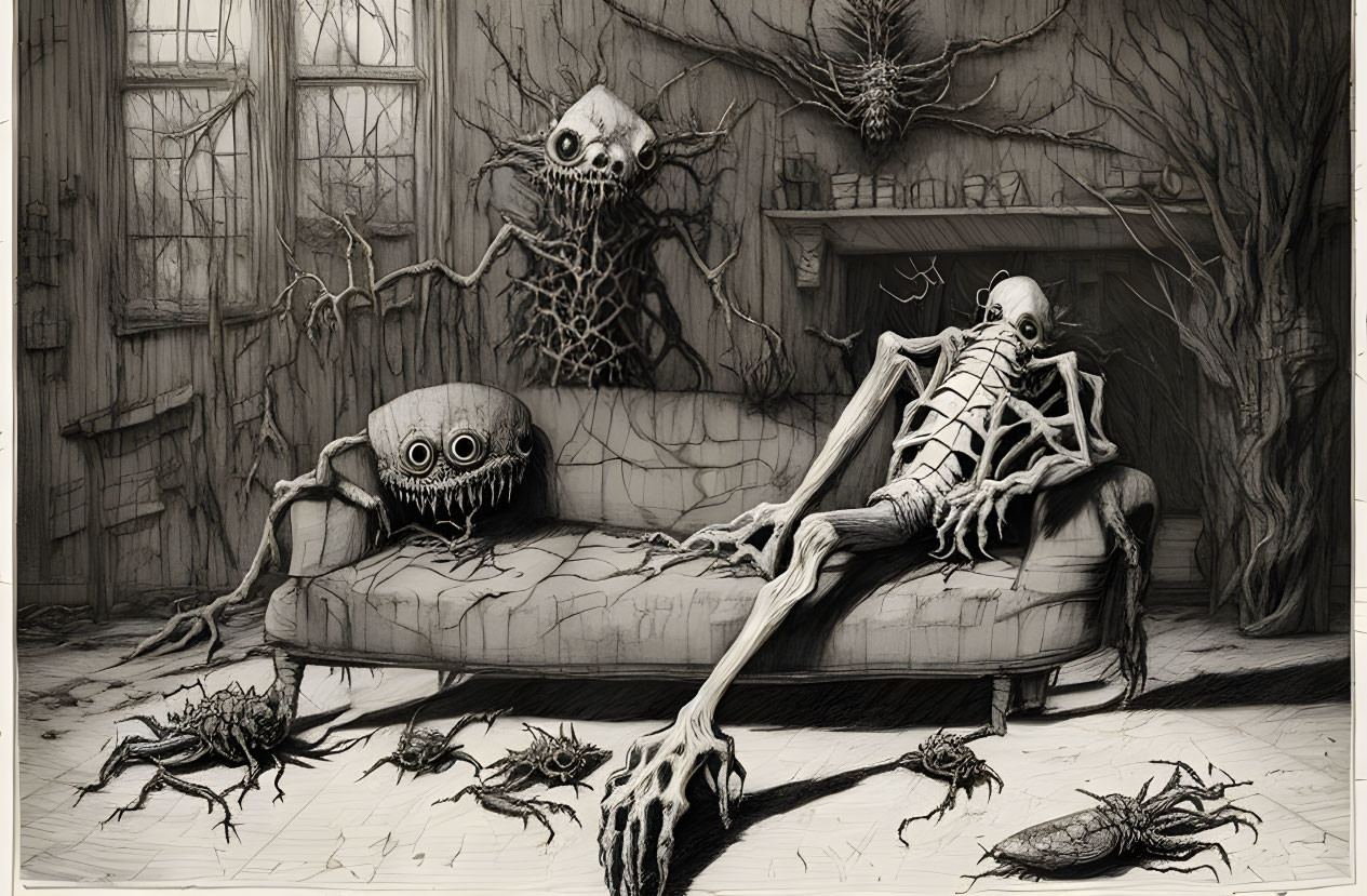 Monochrome illustration of skeletal creatures in a dilapidated room