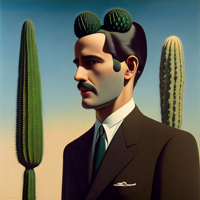 Surrealistic portrait of a man with cacti, clear sky background