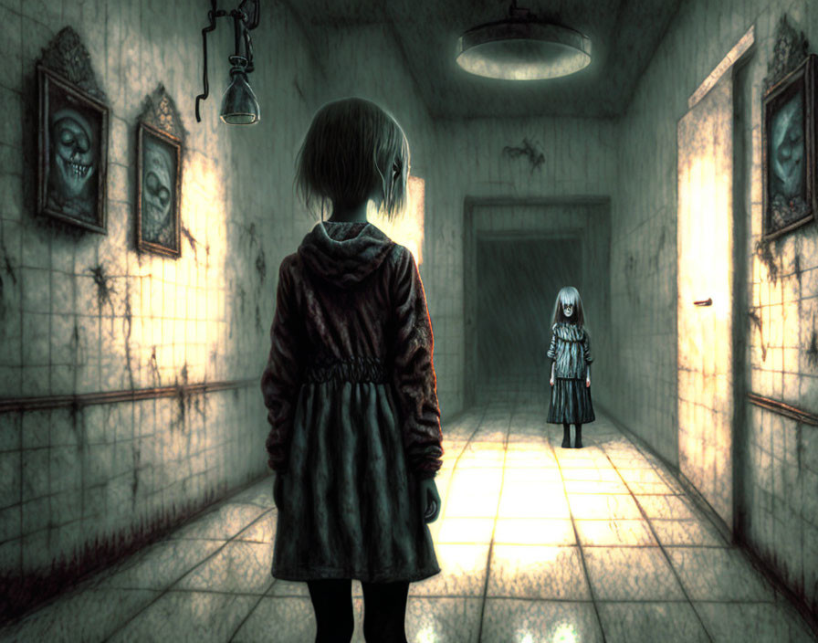 Young girl in dress gazes at eerie corridor scene