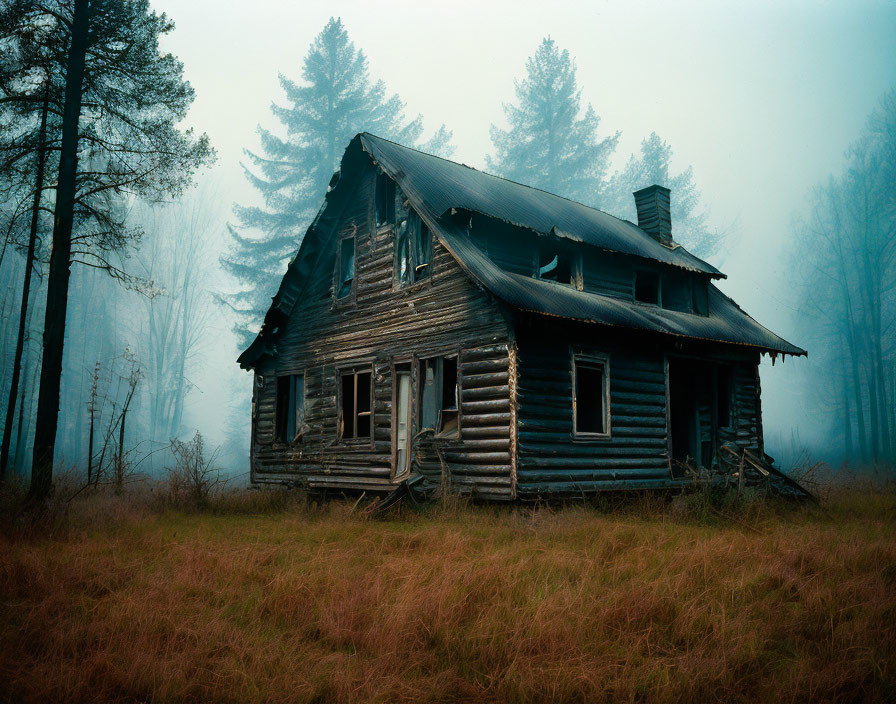 Desolate log cabin in misty forest clearing