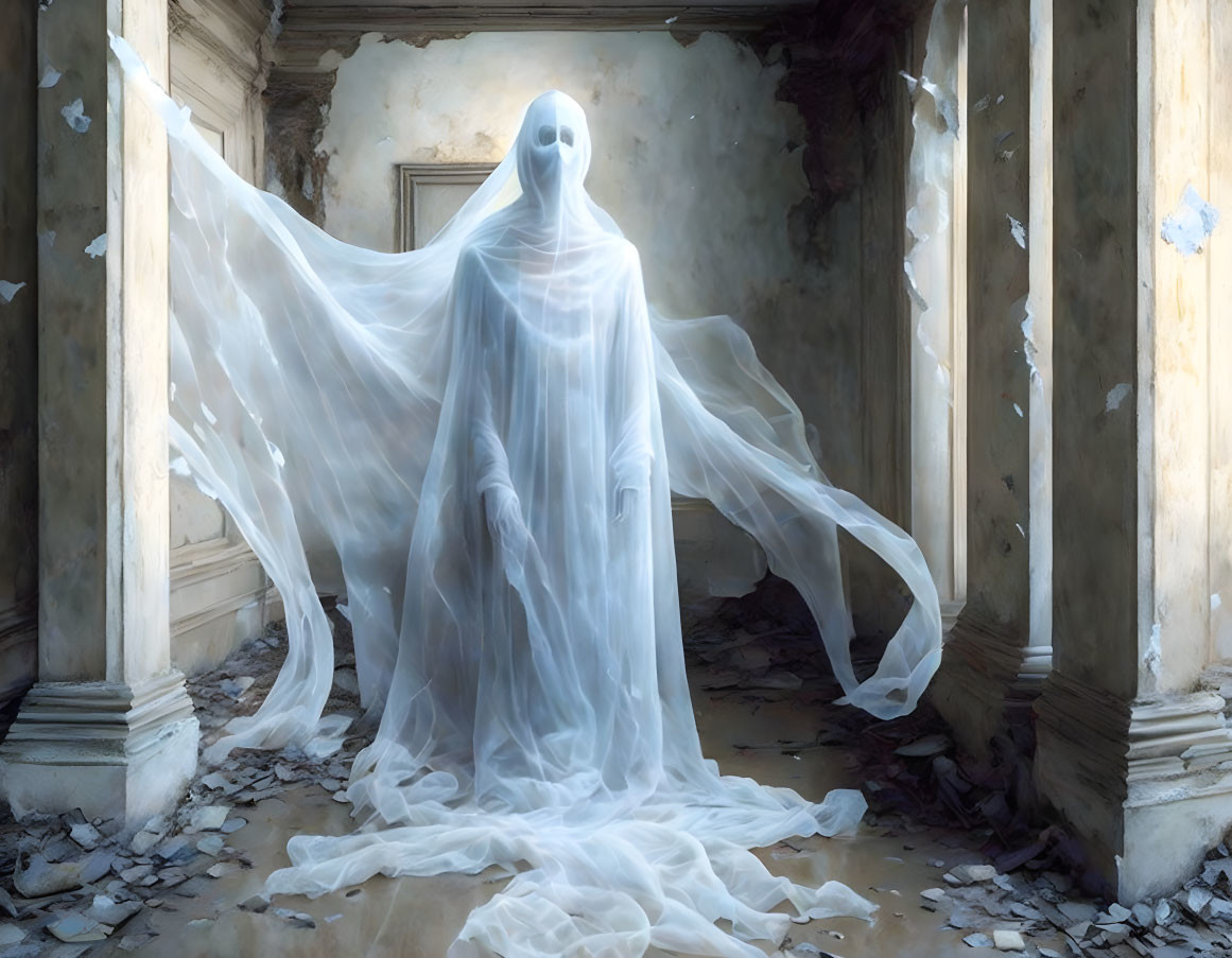 Ghostly figure in white sheet in dilapidated room