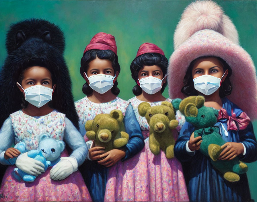 Four girls wearing large traditional hats and face masks with teddy bears on green background