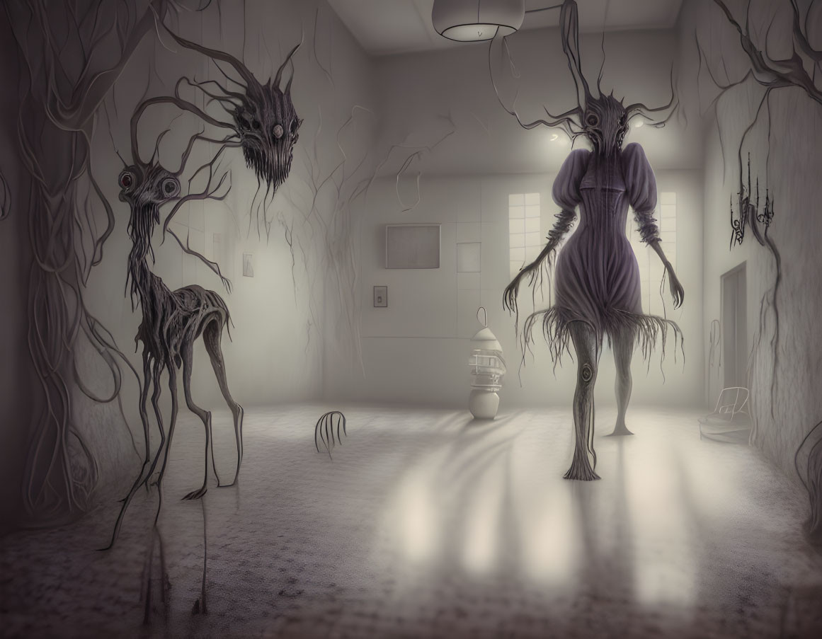 Monochrome eerie room with surreal slender creatures and twisted tree-like forms