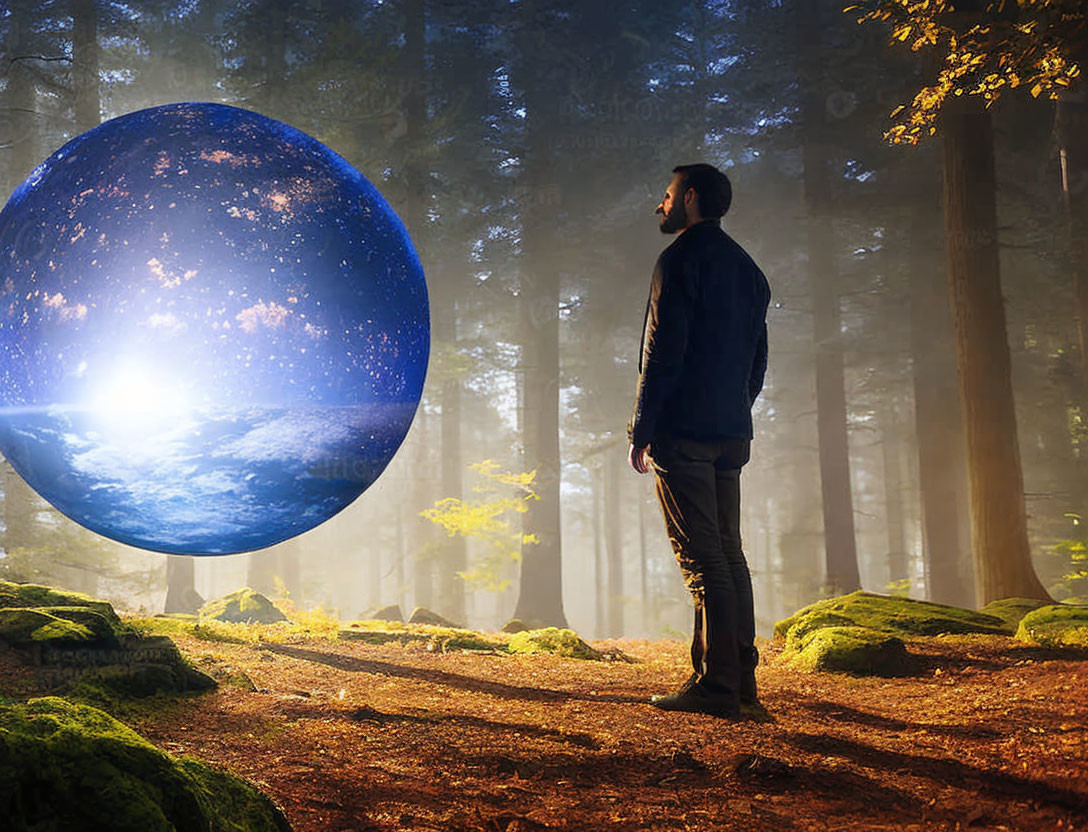 Man gazing at large celestial sphere in misty forest