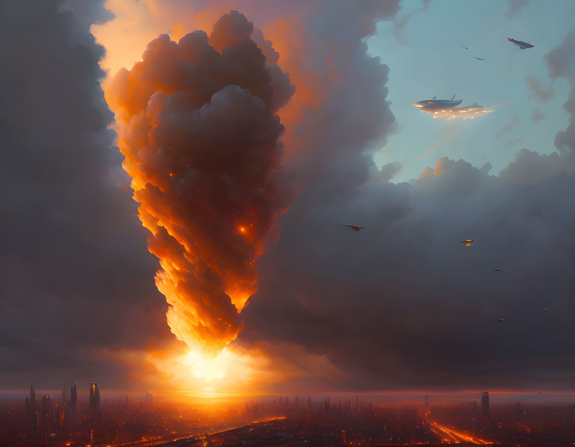 Futuristic cityscape engulfed by massive sunset explosion