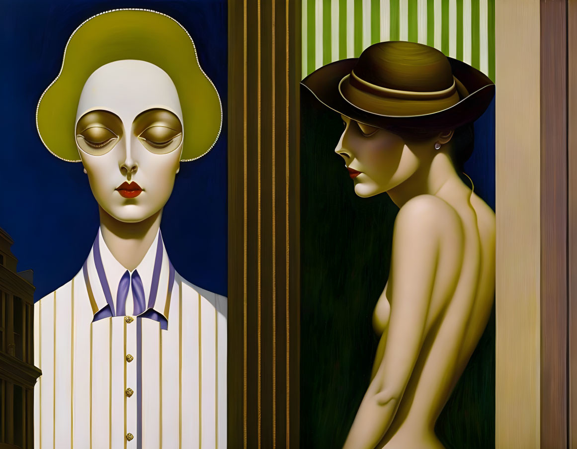 Stylized mannequin-like figures with vintage hats on striped background