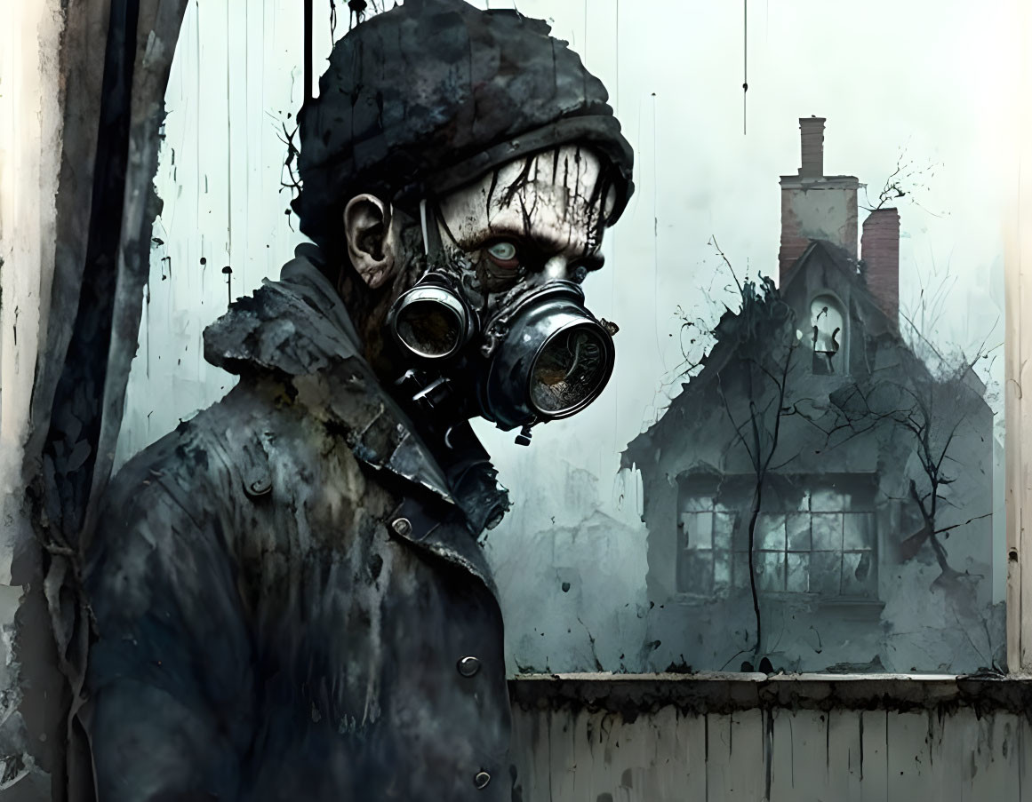 Illustration of person in gas mask with dark, dilapidated house - post-apocalyptic theme