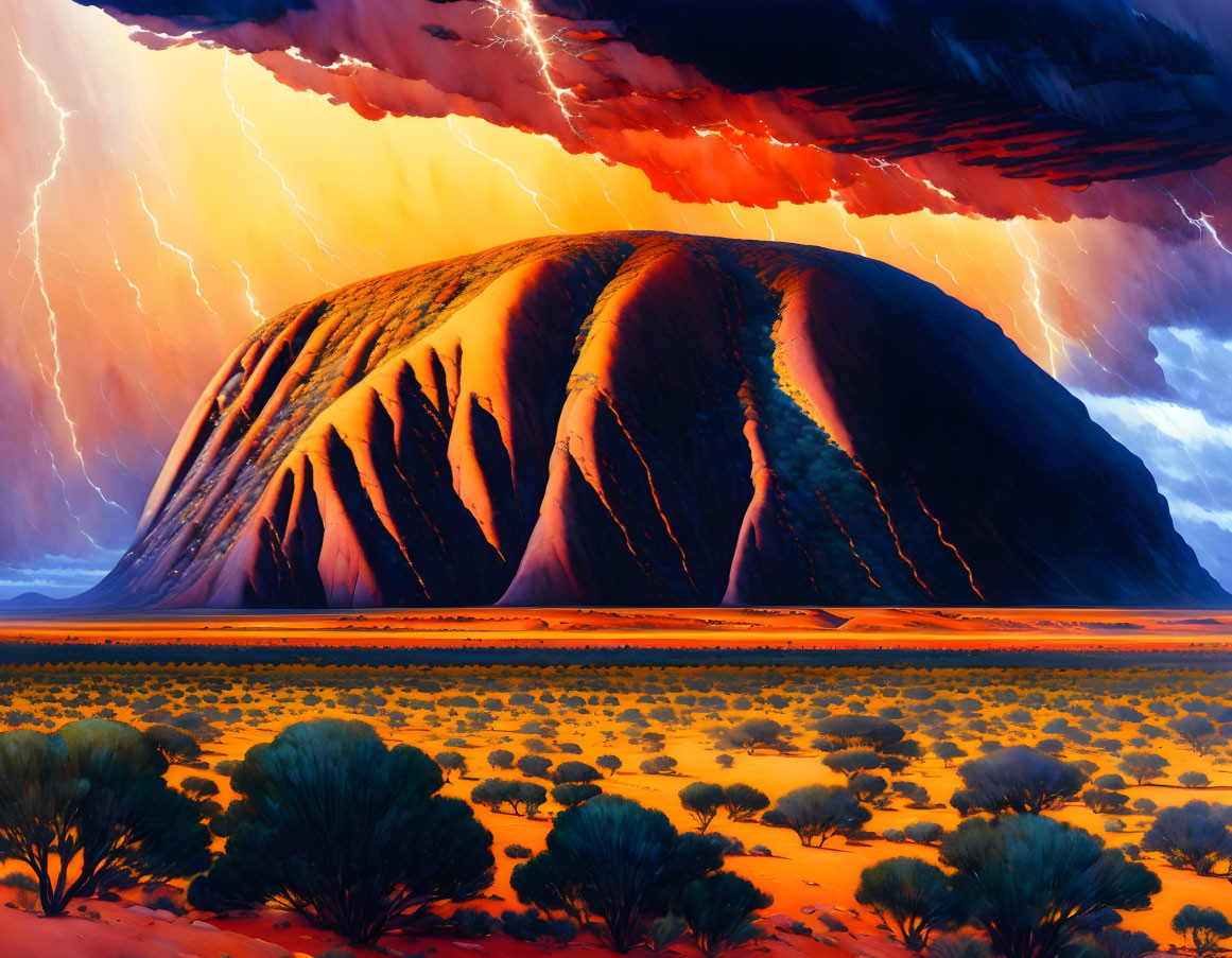 Vibrant artwork of Uluru under dramatic sky with lightning in Australian desert