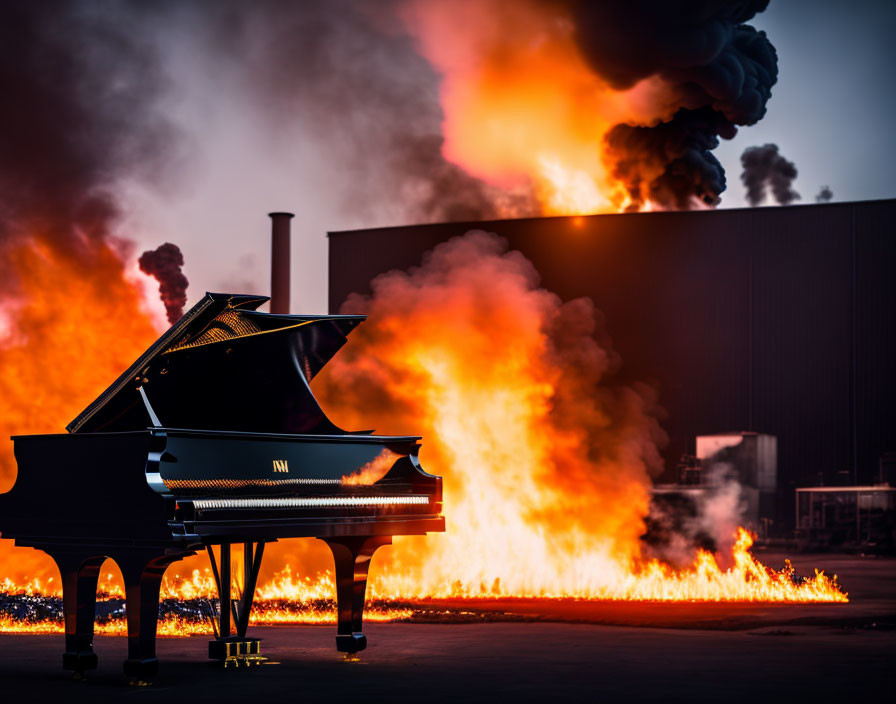 Grand Piano Surrounded by Intense Flames and Smoke