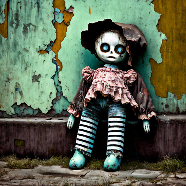 Weathered doll with circular eyes against turquoise wall creates haunting vibe