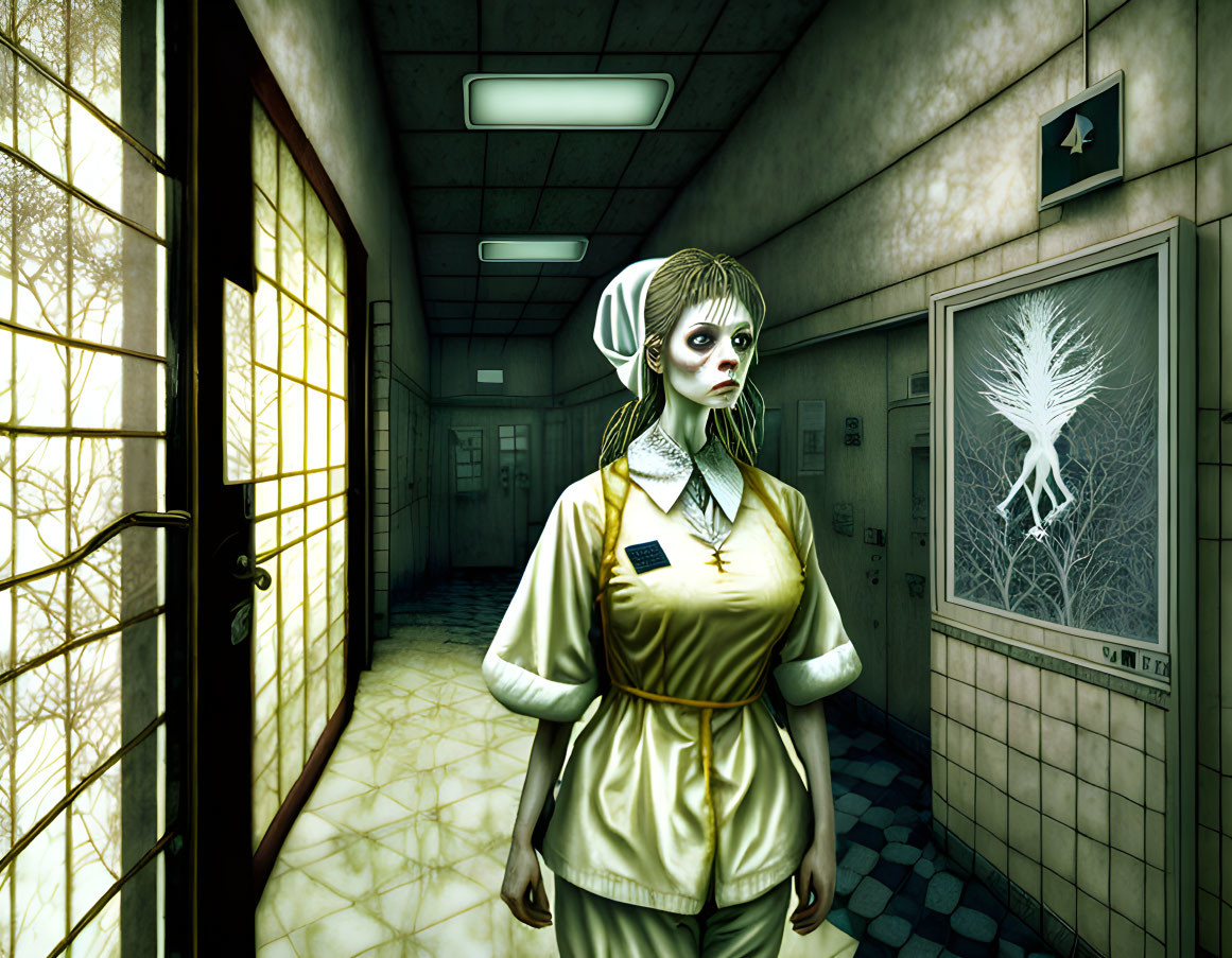 Mysterious nurse in dimly lit corridor with eerie windows and number 4