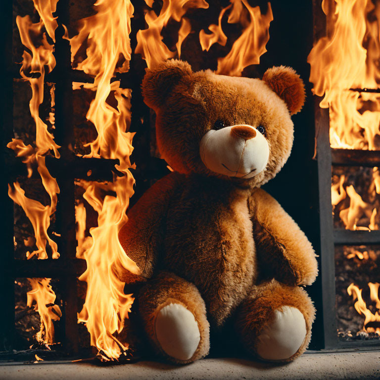 Teddy bear near roaring fire behind grate