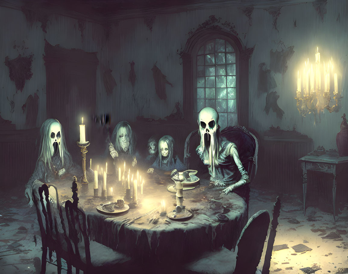 Spooky skeletal figures at a candlelit dining table in a decaying room