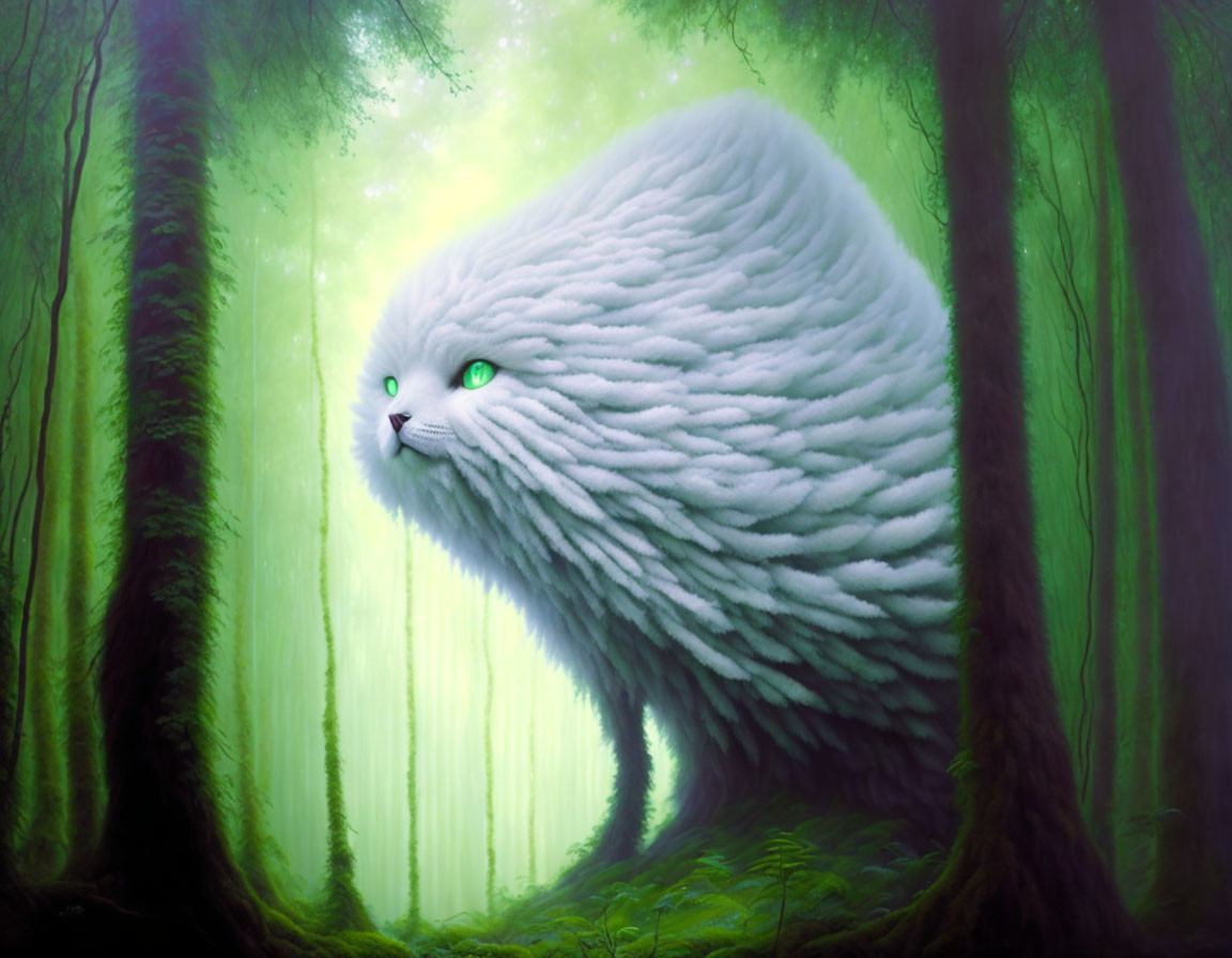 Fluffy White Cat-Like Creature in Mystical Green Forest