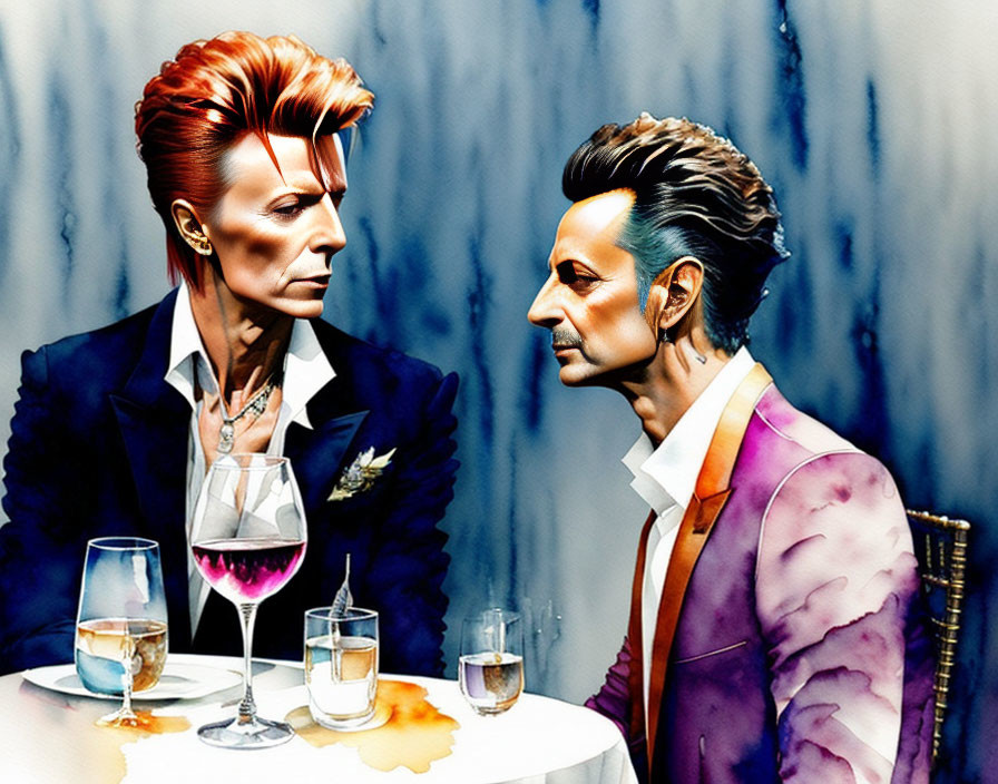 Stylized illustrations of men with unique hair styles in a blue-toned setting