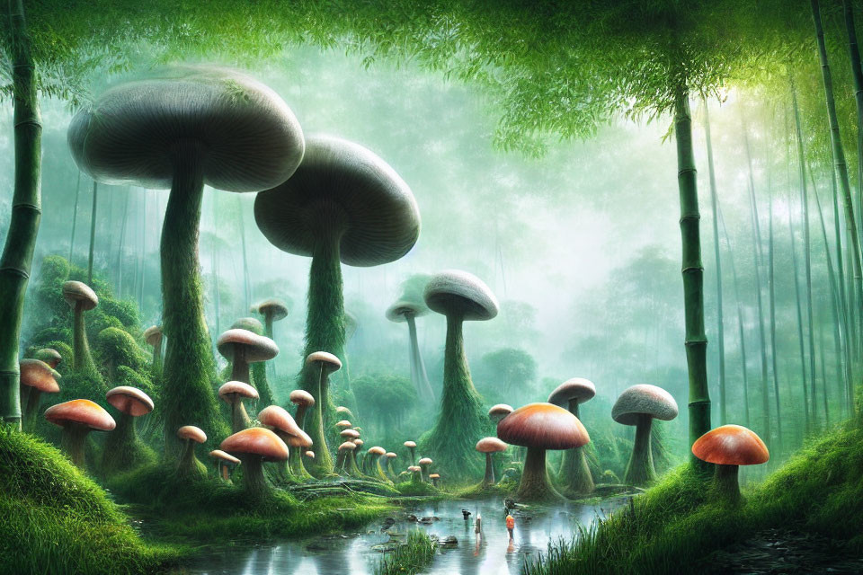 Enchanting forest with oversized mushrooms and bamboo trees in foggy ambiance