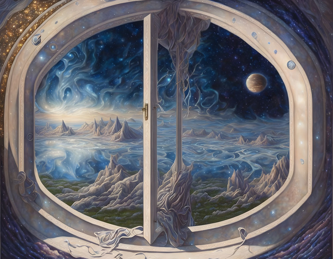 Surreal open window with fantastical landscape view