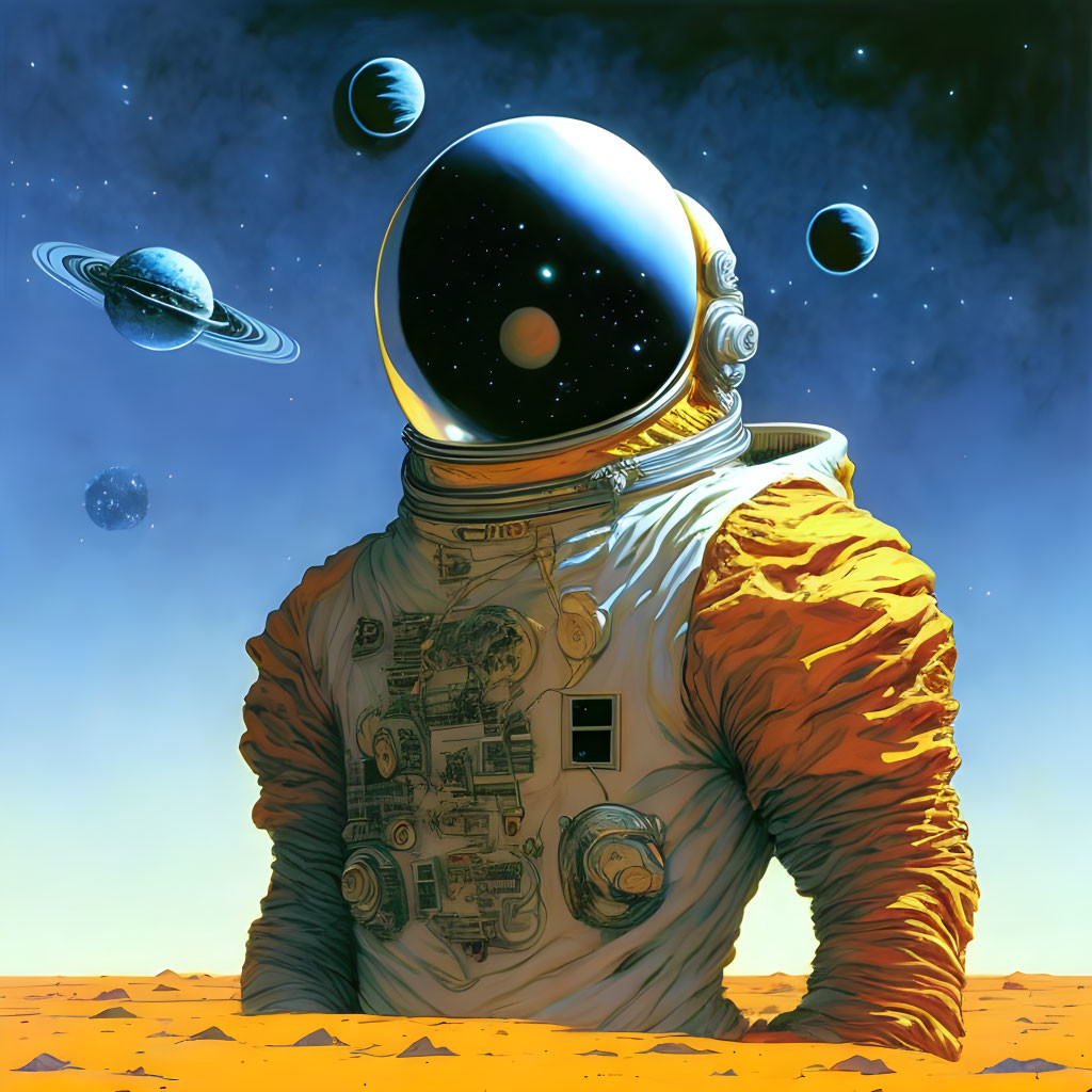 Astronaut with reflective helmet on alien desert with visible planets.